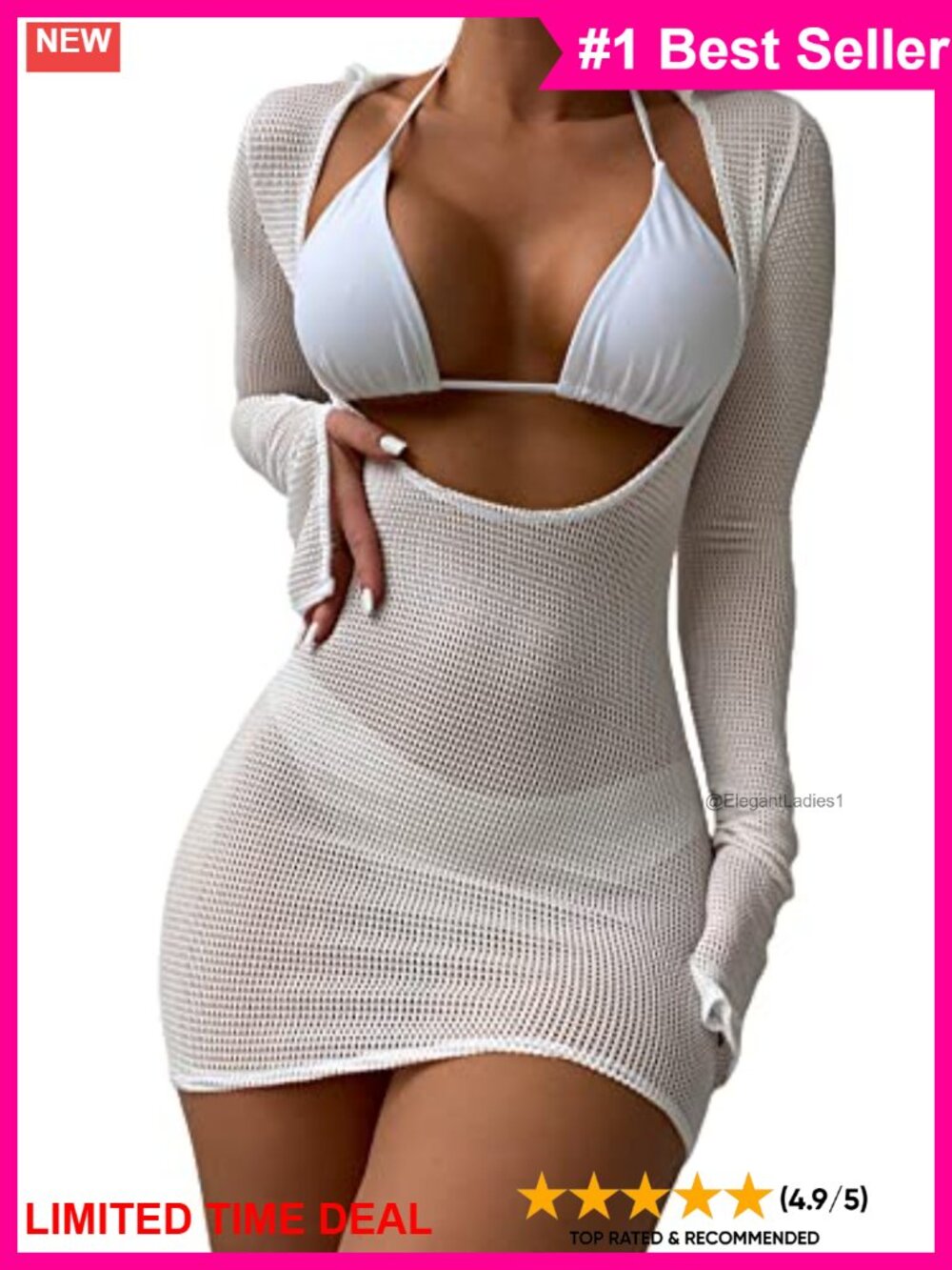 Crochet Swimsuit Cover Up Dress Long Sleeve Beach Coverup